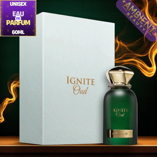 Ahmed Al Maghribi Ignite oud Green perfume bottle with gold cap and 'Ignite Oud' packaging on a dark background