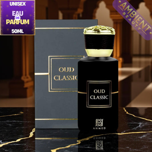Ahmed Al Maghribi Oud Classic perfume bottle with packaging on a marble surface, featuring Ambient Beauty watermark