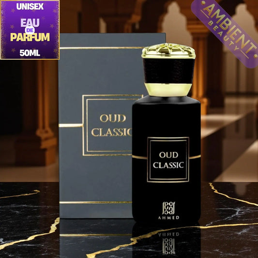 Ahmed Al Maghribi Oud Classic perfume bottle with packaging on a marble surface, featuring Ambient Beauty watermark