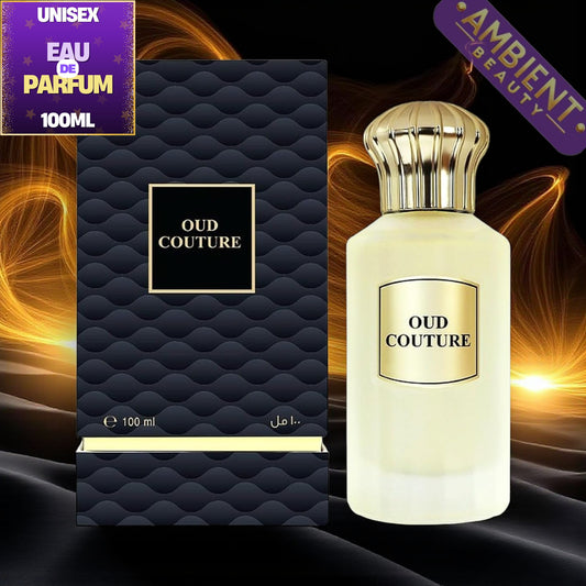 Ahmed Al Maghribi Oud Couture perfume bottle and packaging with 'Ambient Beauty' watermark on a dark background.