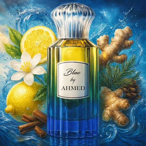 Ahmed Al Maghribi Blue by Ahmed Perfume bottle labeled 'Blue by Ahmed' surrounded by lemons, ginger, and cinnamon on a blue background