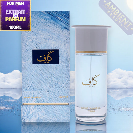 Ahmed Al Maghribi Kaaf perfume bottle and packaging with blue sky and cloud background