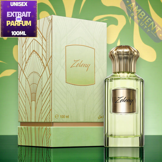 Ahmed Al Maghribi Zeleny perfume bottle and packaging on a green background