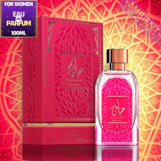 Hayaati exotic perfume bottle and packaging on a colorful geometric pattern background