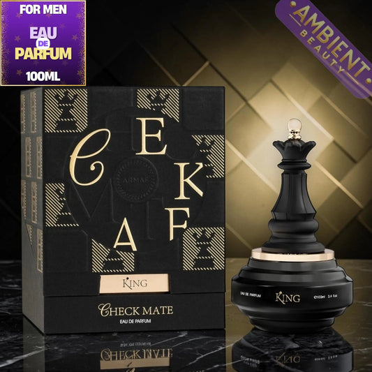 Checkmate Eau de Parfum packaging with a black and gold design on a reflective surface.
