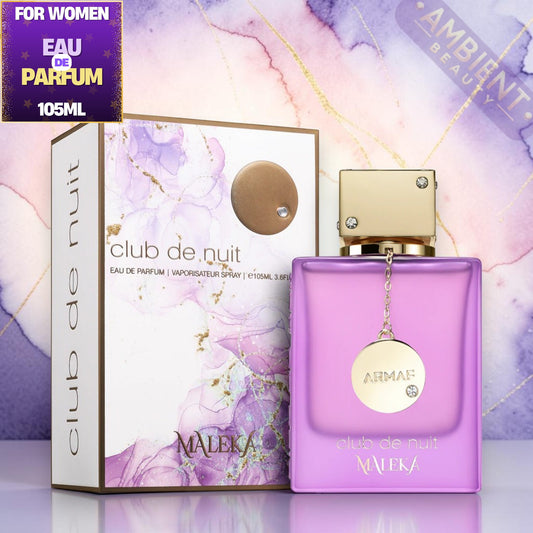 Purple perfume bottle with gold cap and 'club de nuit maleka' packaging on a gradient background