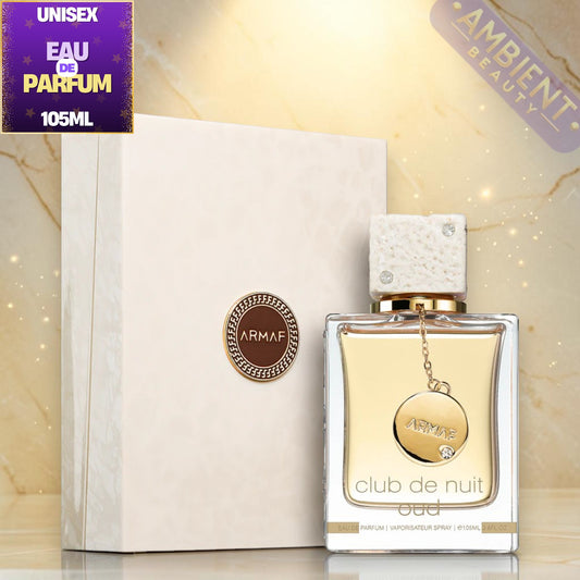 Armaf Club de Nuit oud perfume bottle with packaging on a marble surface
