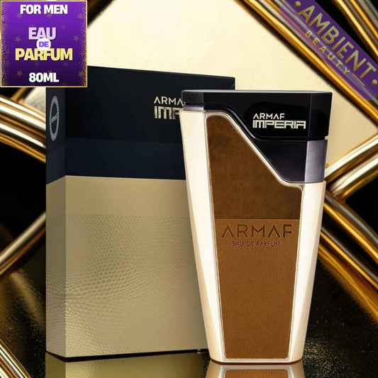 Armaf Imperia eau de parfum bottle and packaging on a reflective surface with gold accents.
