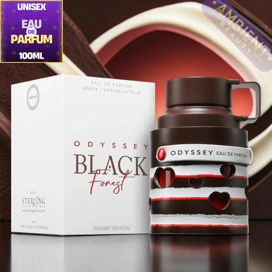 Odyssey Black Forest perfume bottle and packaging on a reflective surface with a blurred background.