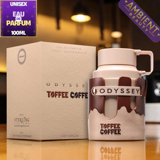 Odyssey Toffee Coffee perfume bottle and packaging on a reflective surface with 'Ambient Beauty' branding.