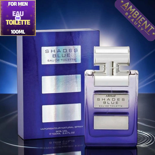 Armaf Shades Blue Eau de Toilette bottle and packaging on a dark background