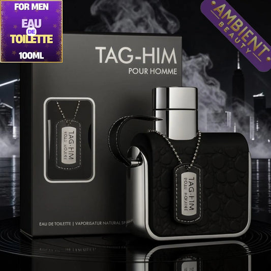 TAG-HIM pour homme perfume bottle and packaging with cityscape background