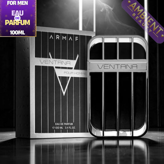 Armaf Ventana perfume bottle and packaging on a reflective surface with dark background