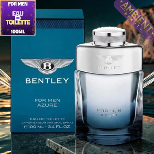 Bentley for Men Azure Eau de Toilette bottle and packaging on a reflective surface.