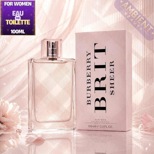 Burberry Brit Sheer perfume bottle and packaging on a soft pink background