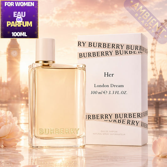 Burberry perfume bottle and packaging with a blurred cityscape background