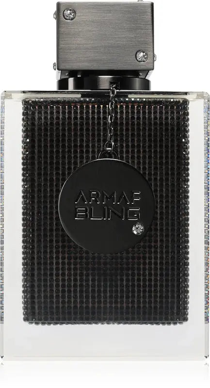 Black and silver Armaf Club De Nuit Bling perfume bottle on a white background