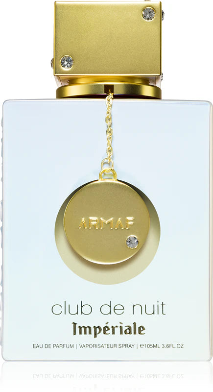Armaf Club de Nuit Imperiale perfume bottle with gold cap and label on a white background