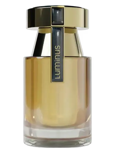 Gold and black Luminus perfume bottle on a white background