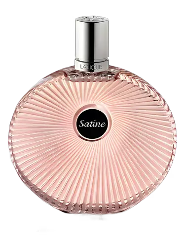 Perfume bottle labeled 'Satine' with a ribbed design on a black background