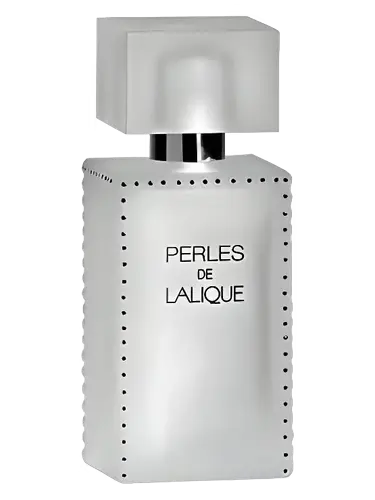 Perfume bottle labeled 'Perles de Lalique' on a black background