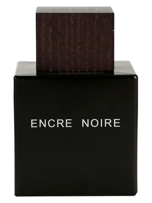 Black perfume bottle with 'Encre Noire' text on a white background