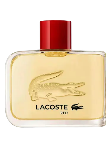 Lacoste Red perfume bottle with red cap on a white background