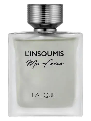 Perfume bottle labeled 'L'Insoumis Ma Force' by Lalique on a white background