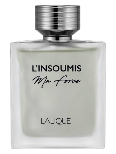 Perfume bottle labeled 'L'Insoumis Ma Force' by Lalique on a white background
