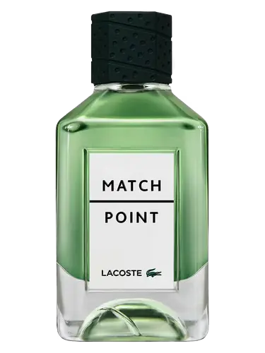 Green Lacoste perfume bottle with 'Match Point' text on a white background