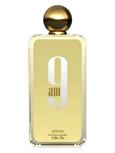 Gold and clear perfume bottle with 'AFNAN' branding on a white background