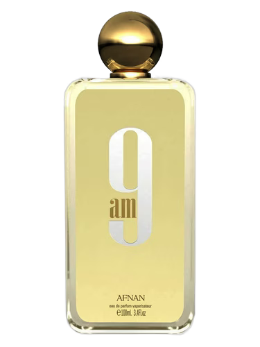 Gold and clear perfume bottle with 'AFNAN' branding on a white background