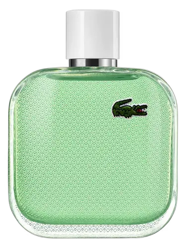 Green Lacoste perfume bottle on a white background