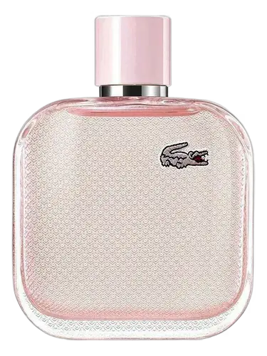 Pink Lacoste perfume bottle on a white background