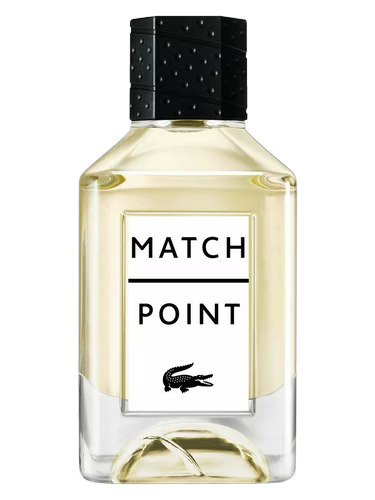 Perfume bottle labeled 'Match Point' with a black cap on a white background