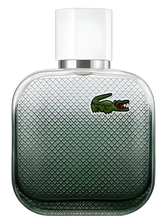 Green Lacoste perfume bottle with white cap on a transparent background