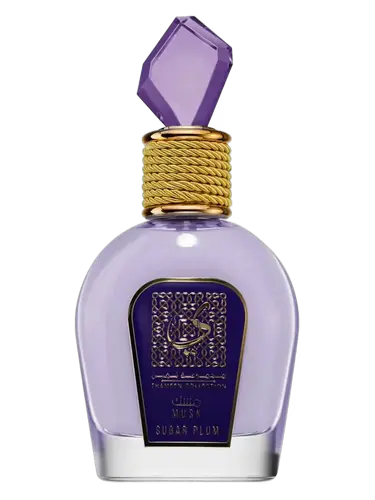 Perfume bottle with purple cap and label on a white background