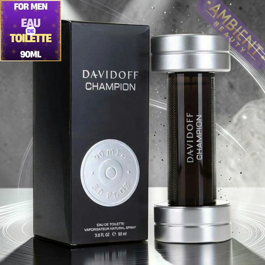 Davidoff Champion perfume bottle and packaging on a reflective surface with a gray gradient background.