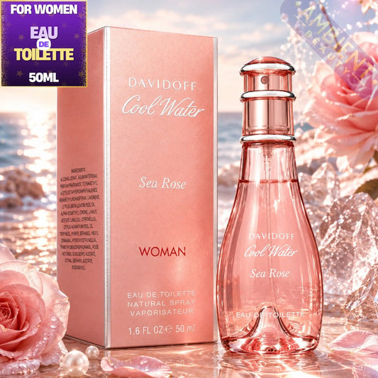Davidoff Cool Water Sea Rose perfume bottle and packaging with a scenic background