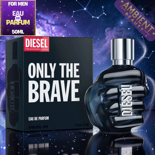 Diesel Only The Brave perfume bottle and packaging on a cosmic background