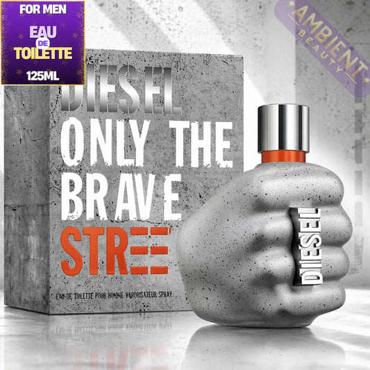 Diesel Only The Brave men's perfume bottle and packaging on a reflective surface.