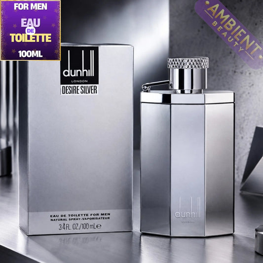 Dunhill Desire Silver perfume bottle and packaging on a reflective surface