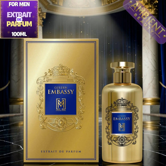 Gold 'Golden Embassy' perfume bottle and packaging on a decorative background