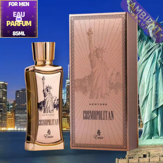 Emir Cosmopolitan New York perfume bottle and packaging with Statue of Liberty design, set against a city skyline.