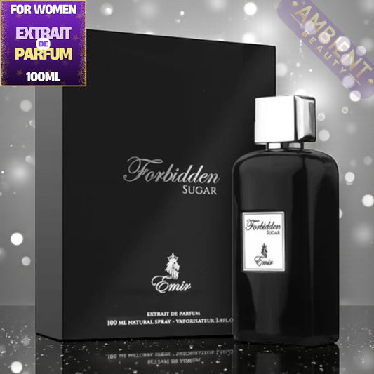 Black perfume bottle and packaging with 'Forbidden Sugar' branding on a decorative background.