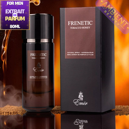 Frenetic Tobacco Honey perfume bottle and packaging on a dark background