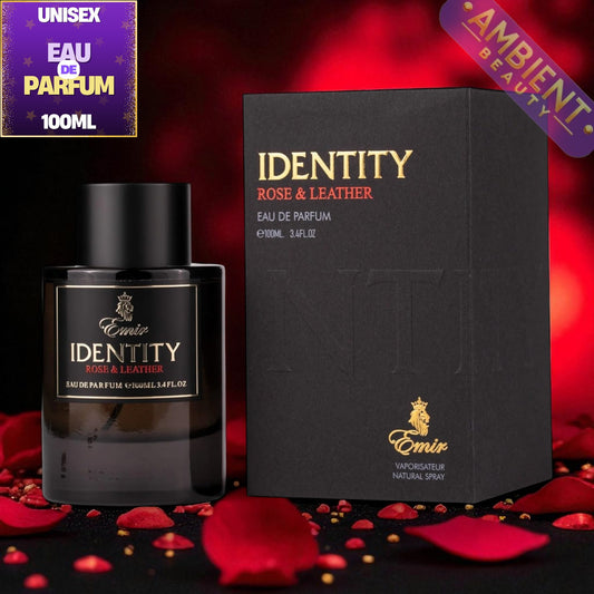 Emir Identity Rose & Leather perfume bottle and packaging on a red background