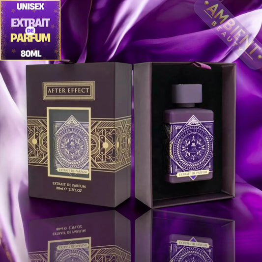 A 80ml bottle of 'After Effect' Extrait de Parfum displayed next to its dark purple and gold packaging box against a purple satin background.