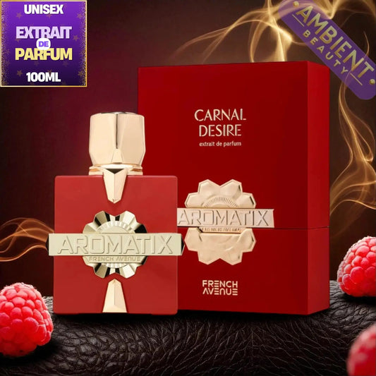 Aromatix Carnal Desire perfume bottle and packaging with raspberries on a dark background