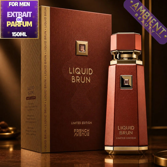 Liquid Brun perfume bottle and packaging on a reflective surface with 'Ambient Beauty' branding.